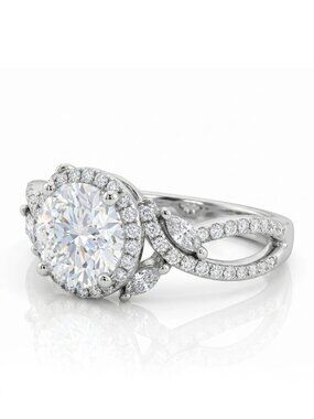Classic Engagement Round Halo ring with twist leaf band, 925 Sterling Silver